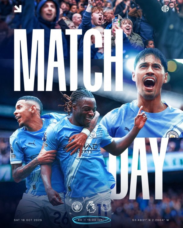 曼城晒主场迎战埃弗顿海报，赖因德斯+多库+萨维尼奥出镜