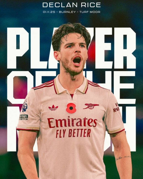 头球破门！赖斯当选对阵伯恩利一役阿森纳队内最好球员