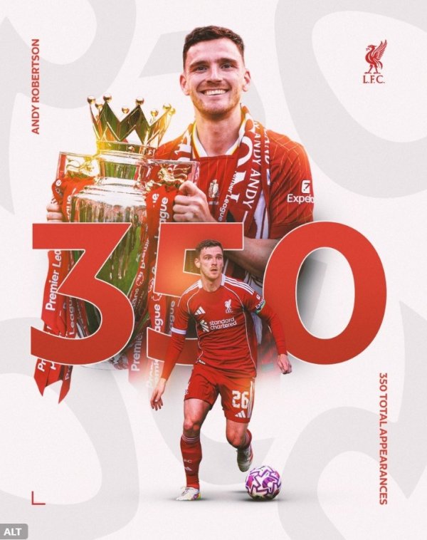 罗伯逊收场利物浦生存350次出场里程碑，孝顺12球68助攻